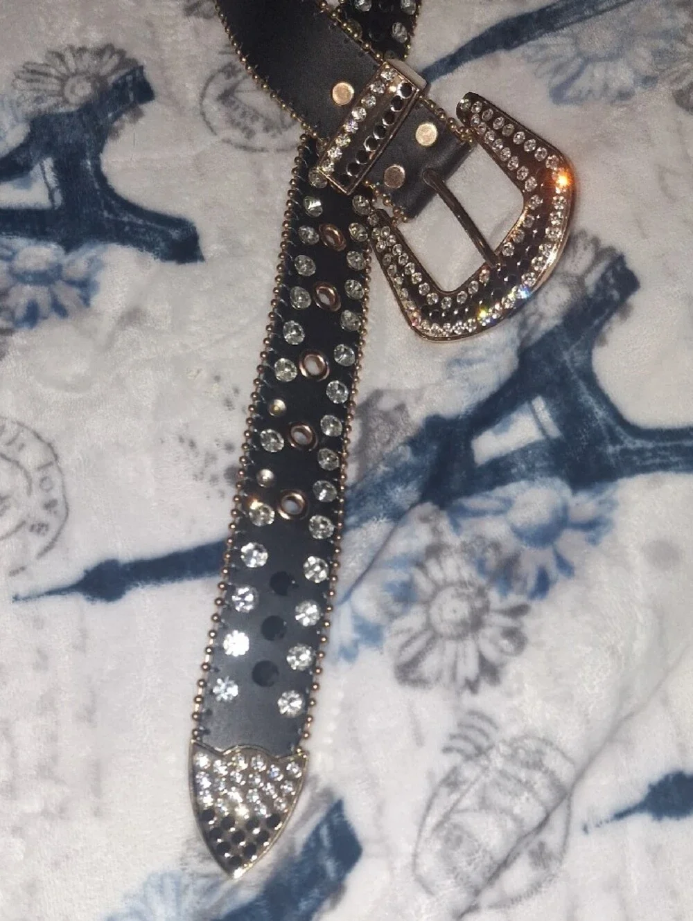 Studded Black Leather Belt with Crystal Accents